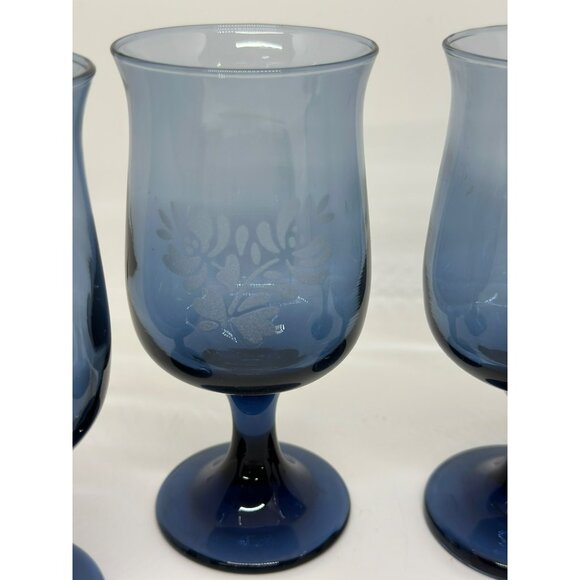 VTG Set 4 Pfaltzgraff Yorktowne Etched Cobalt Blue Stemmed Goblet Glasses 5.5" - Picture 4 of 6